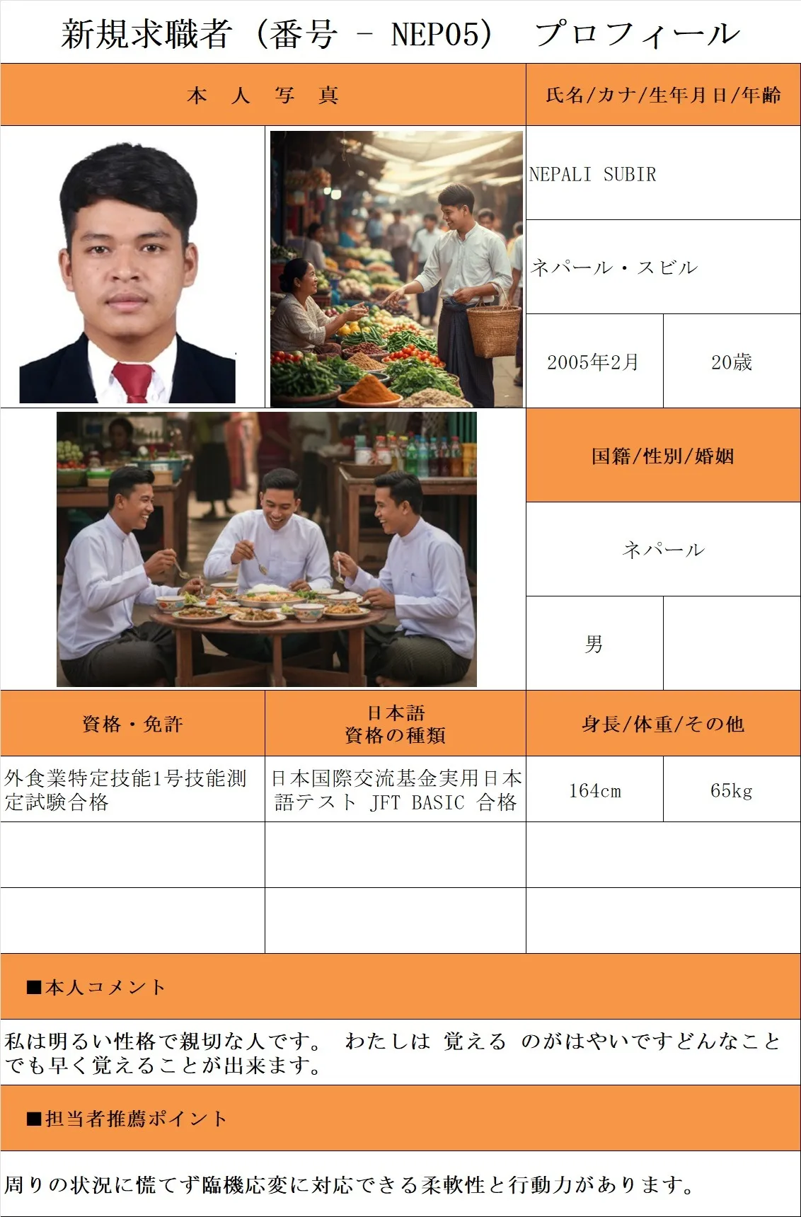 外食希望・求職者(番号-NEP05)プロフィール・履歴書(ネパール人・男性) 25.9.30時点