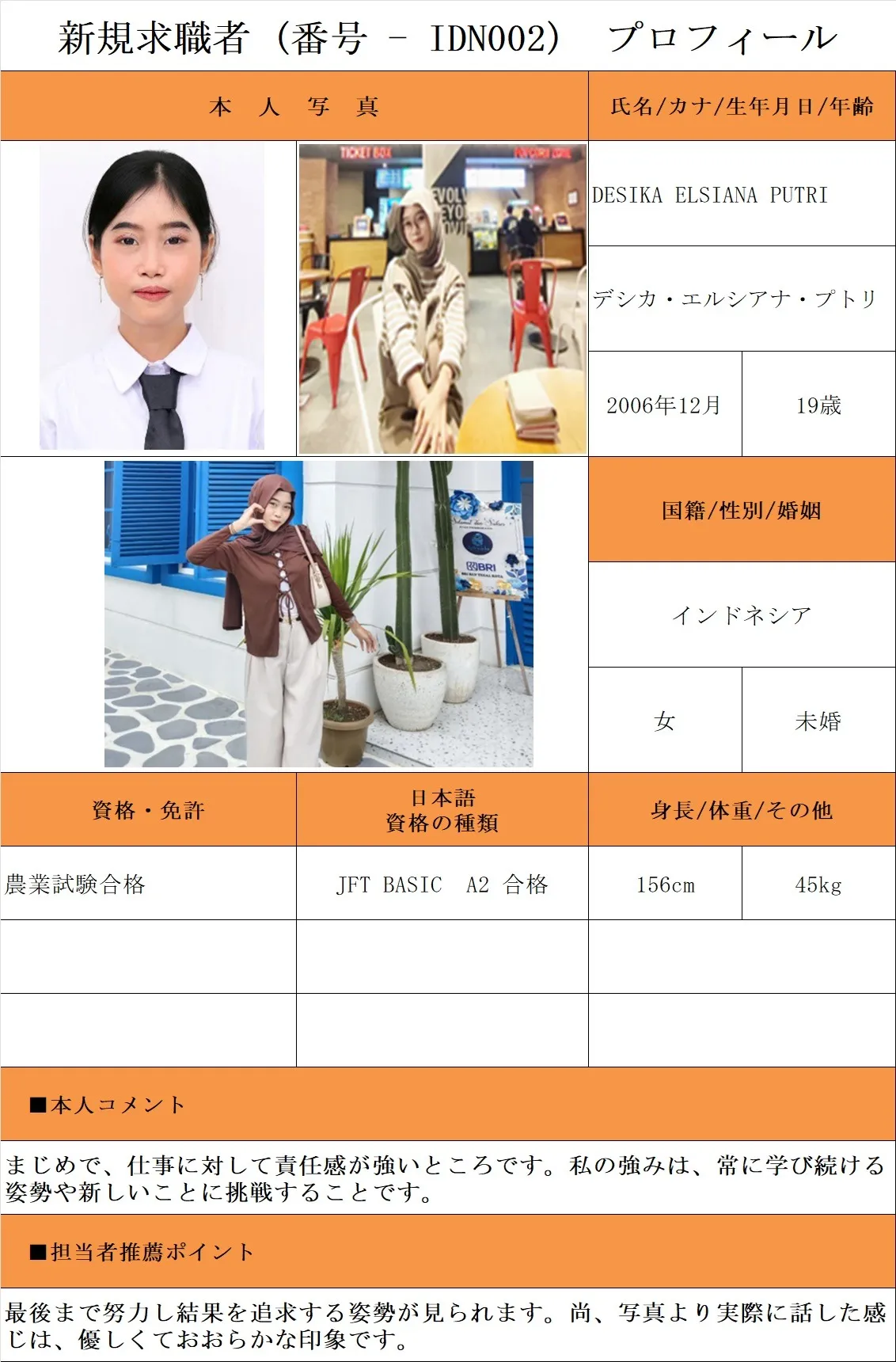 農業希望・求職者(番号-IDN002)プロフィール(インドネシア人・女性) 25.11.18時点