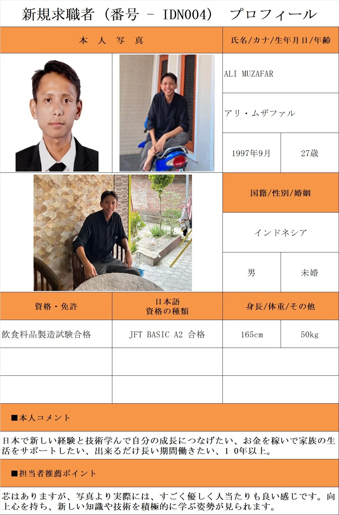 飲食料品製造希望・求職者(番号-IDN004)プロフィール(インドネシア人・男性) 25.11.18時点