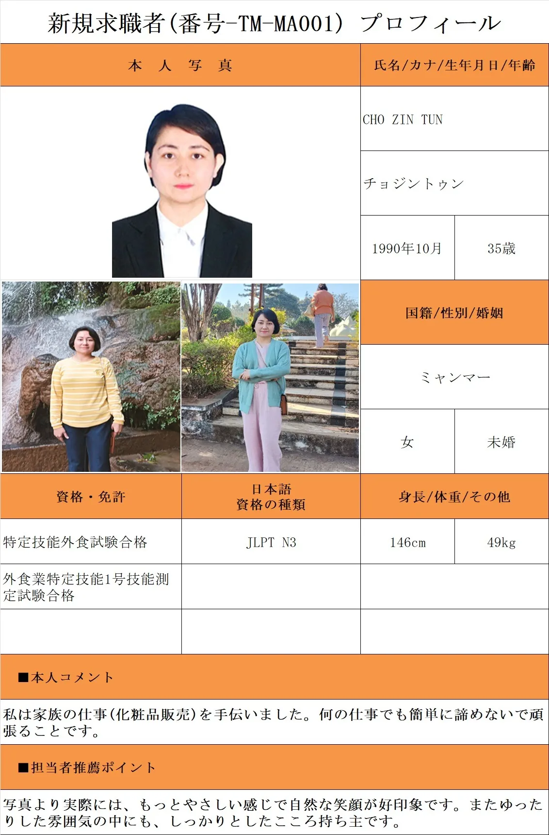 外食希望・求職者(番号-TM-MA001)プロフィール・履歴書(ミャンマー人・女性) 26.1.8時点