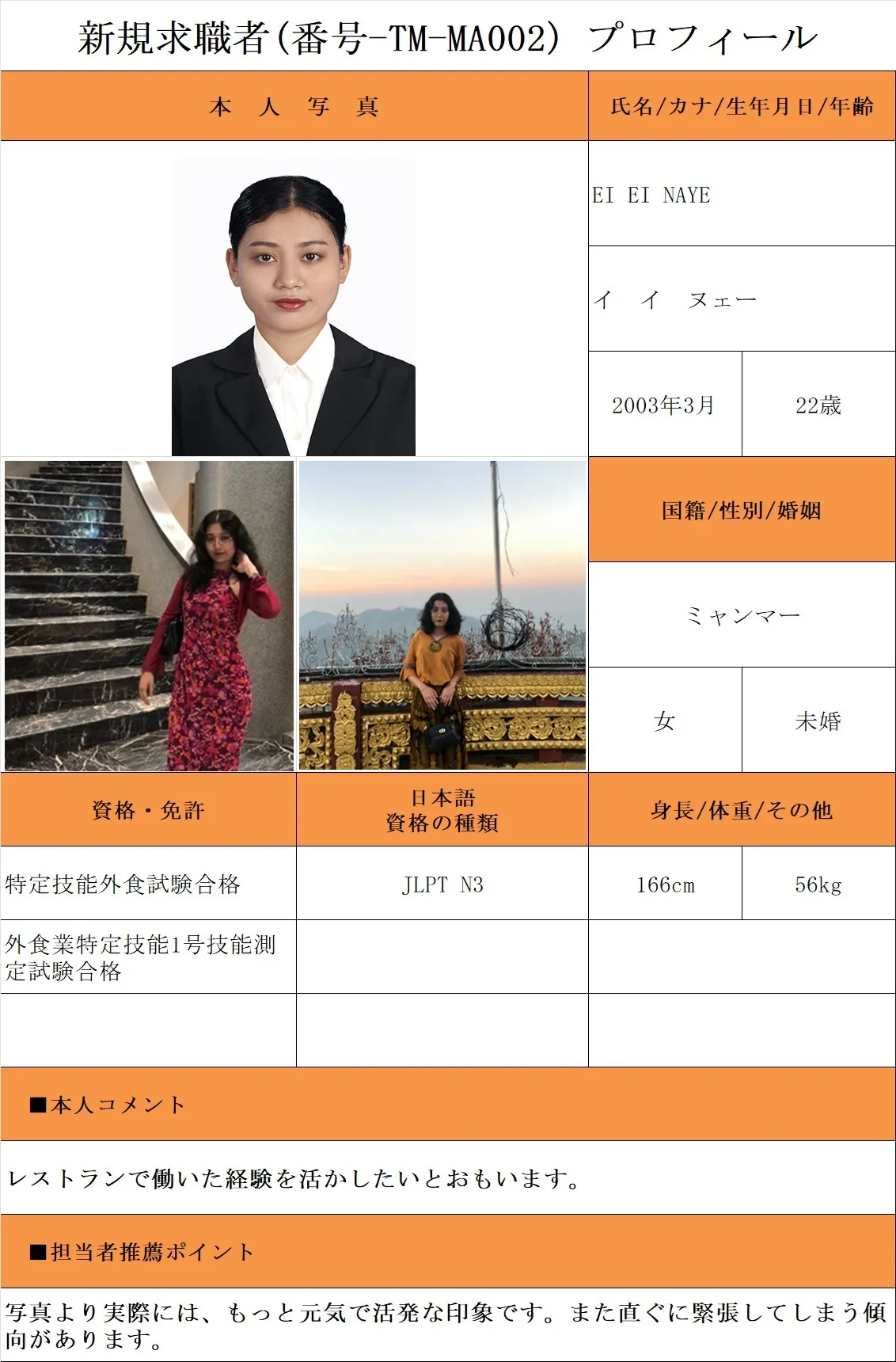 外食希望・求職者(番号-TM-MA002)プロフィール・履歴書(ミャンマー人・女性) 26.1.8時点
