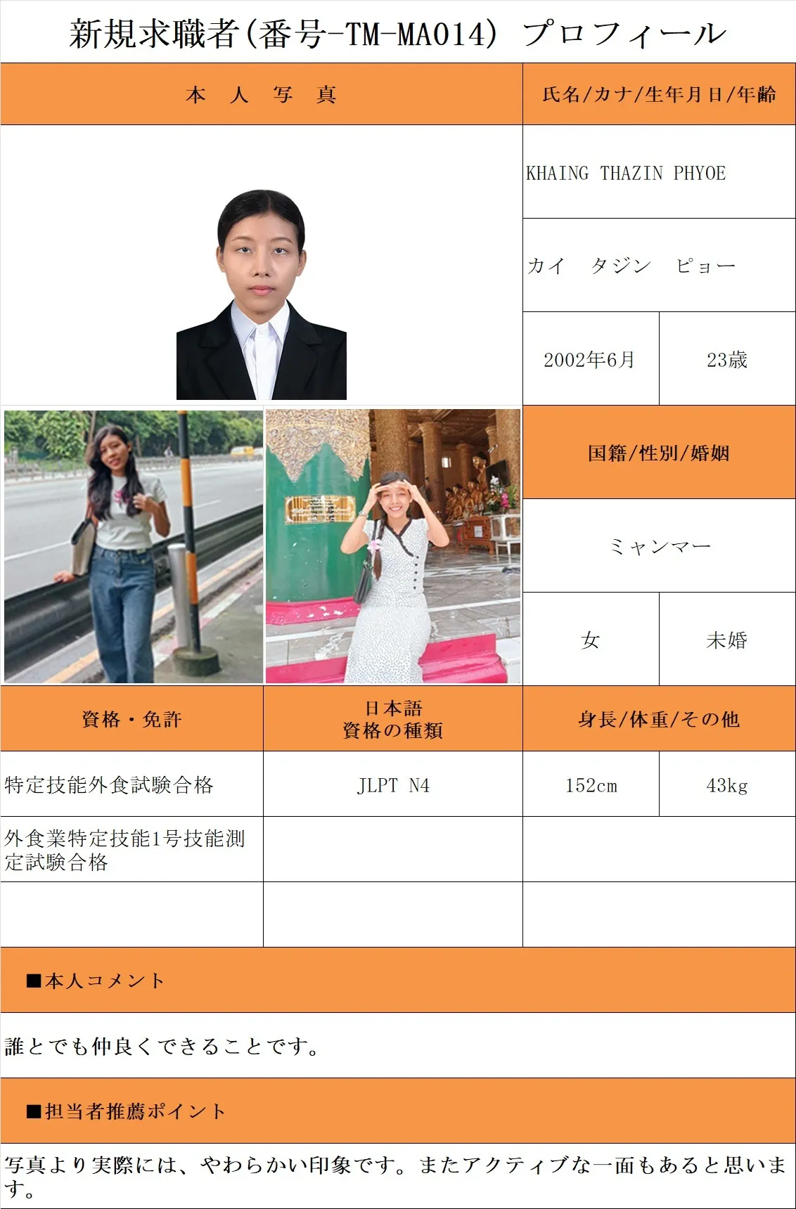 外食希望・求職者(番号-TM-MA014)プロフィール・履歴書(ミャンマー人・女性) 26.1.8時点