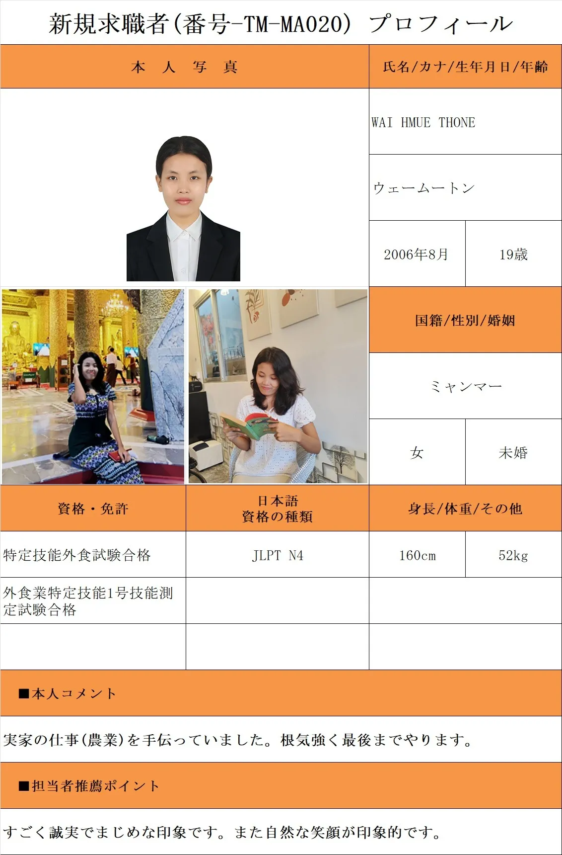 外食希望・求職者(番号-TM-MA020)プロフィール・履歴書(ミャンマー人・女性) 26.1.8時点