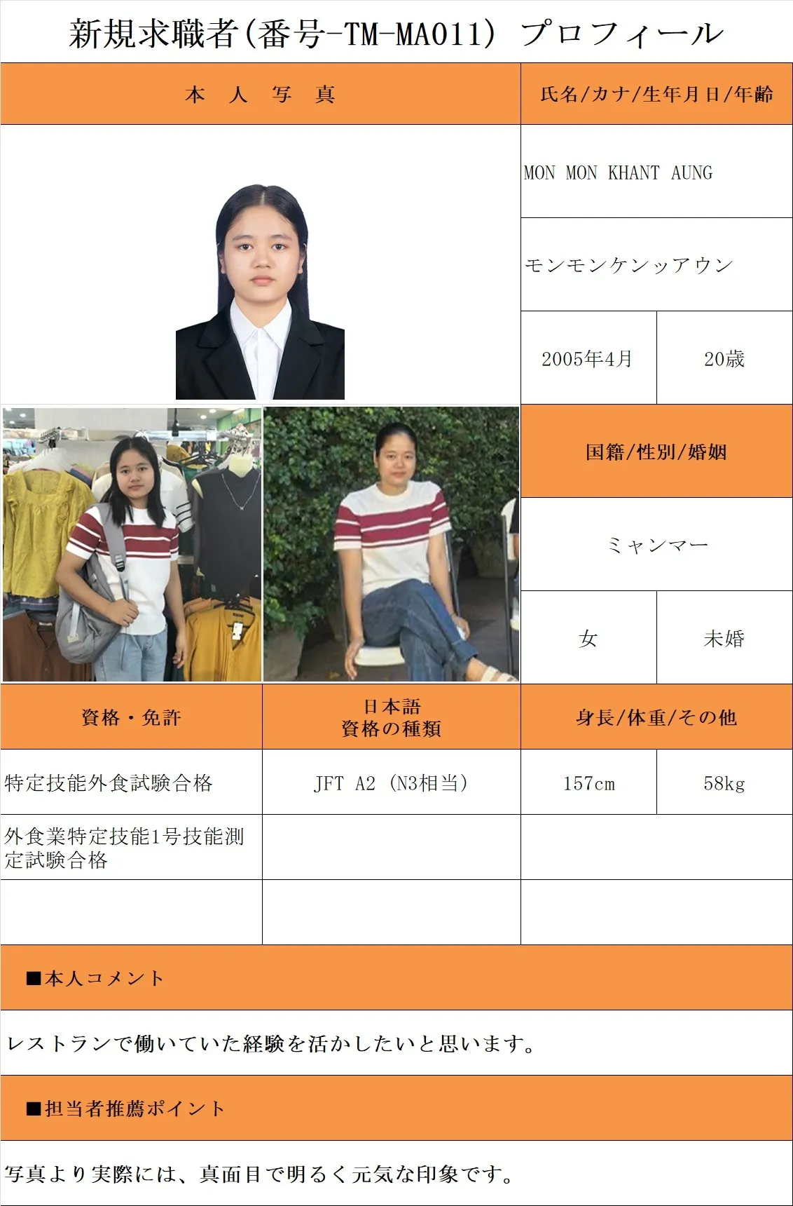 外食希望・求職者(番号-TM-MA011)プロフィール・履歴書(ミャンマー人・女性) 26.1.8時点