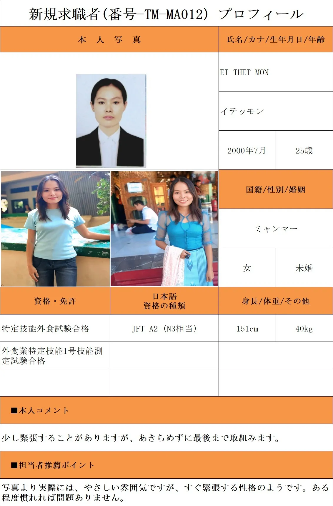 外食希望・求職者(番号-TM-MA012)プロフィール・履歴書(ミャンマー人・女性) 26.1.8時点