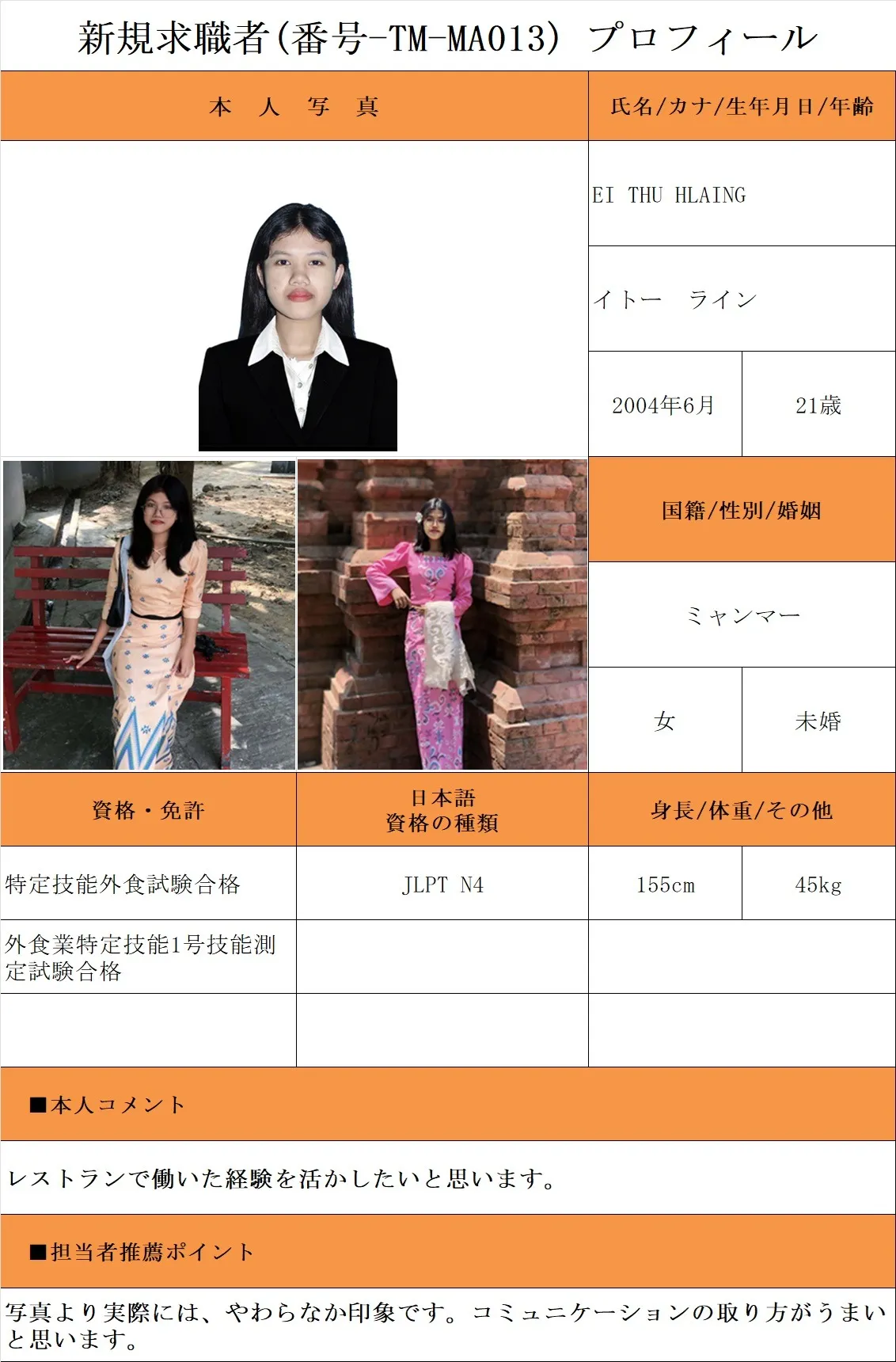 外食希望・求職者(番号-TM-MA013)プロフィール・履歴書(ミャンマー人・女性) 26.1.8時点