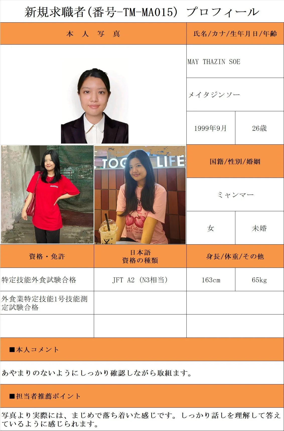 外食希望・求職者(番号-TM-MA015)プロフィール・履歴書(ミャンマー人・女性) 26.1.8時点