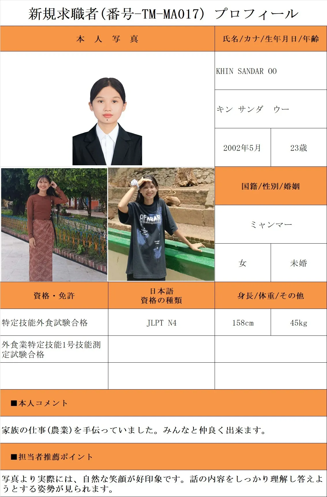外食希望・求職者(番号-TM-MA017)プロフィール・履歴書(ミャンマー人・女性) 26.1.8時点